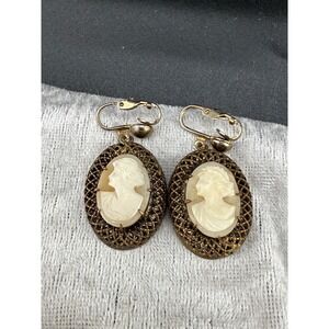 Vintage Cameo Clip On Earrings Mesh Carved Gold Tone